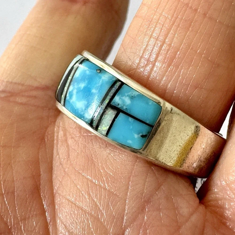 Mens Navajo Wedding Band Sz 10.5 Turquoise Opal Inlay 9mm‎ Ring Unsigned Tolino